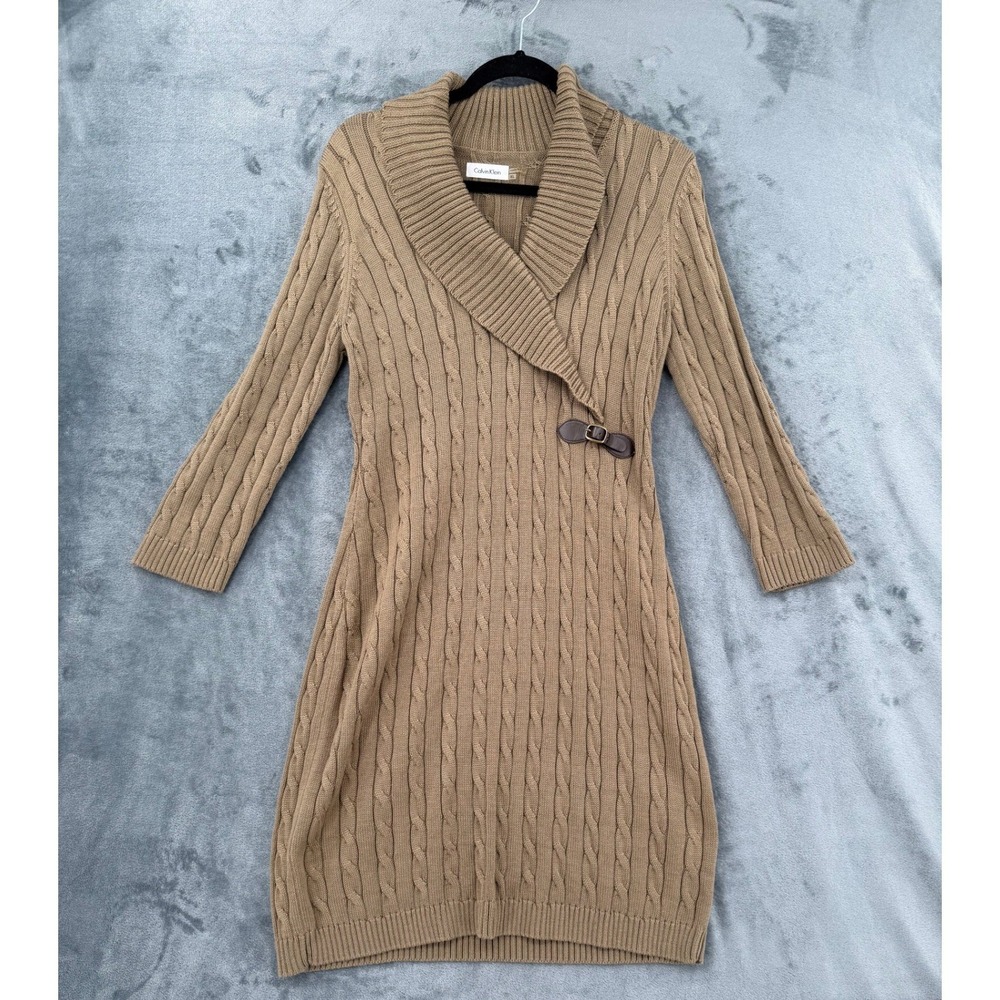 Calvin Klein Sweater Dress Womens Size XL Cable Knit Heritage Quiet Luxury Brown